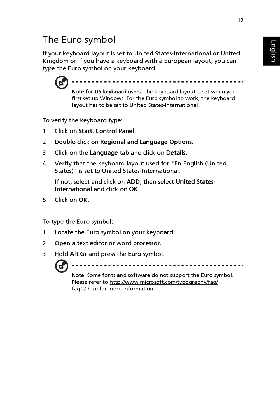 Acer 3200 Series manual Euro symbol 