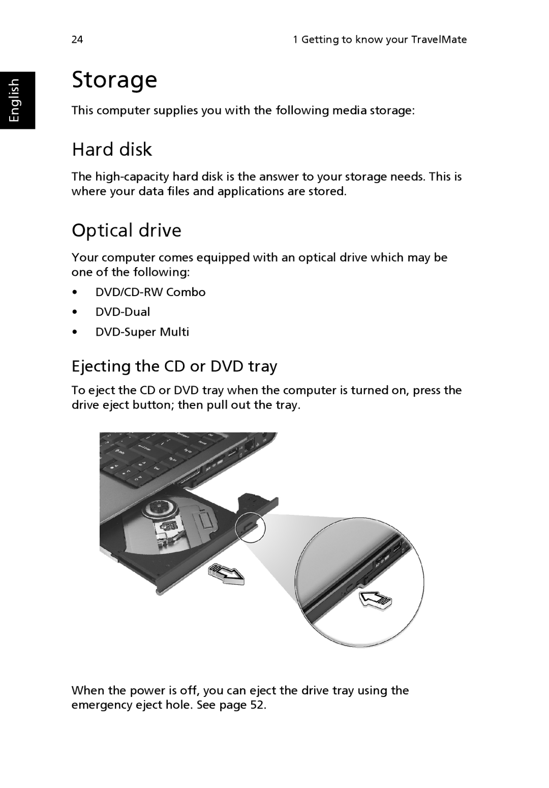 Acer 3200 Series manual Storage, Hard disk, Optical drive, Ejecting the CD or DVD tray 