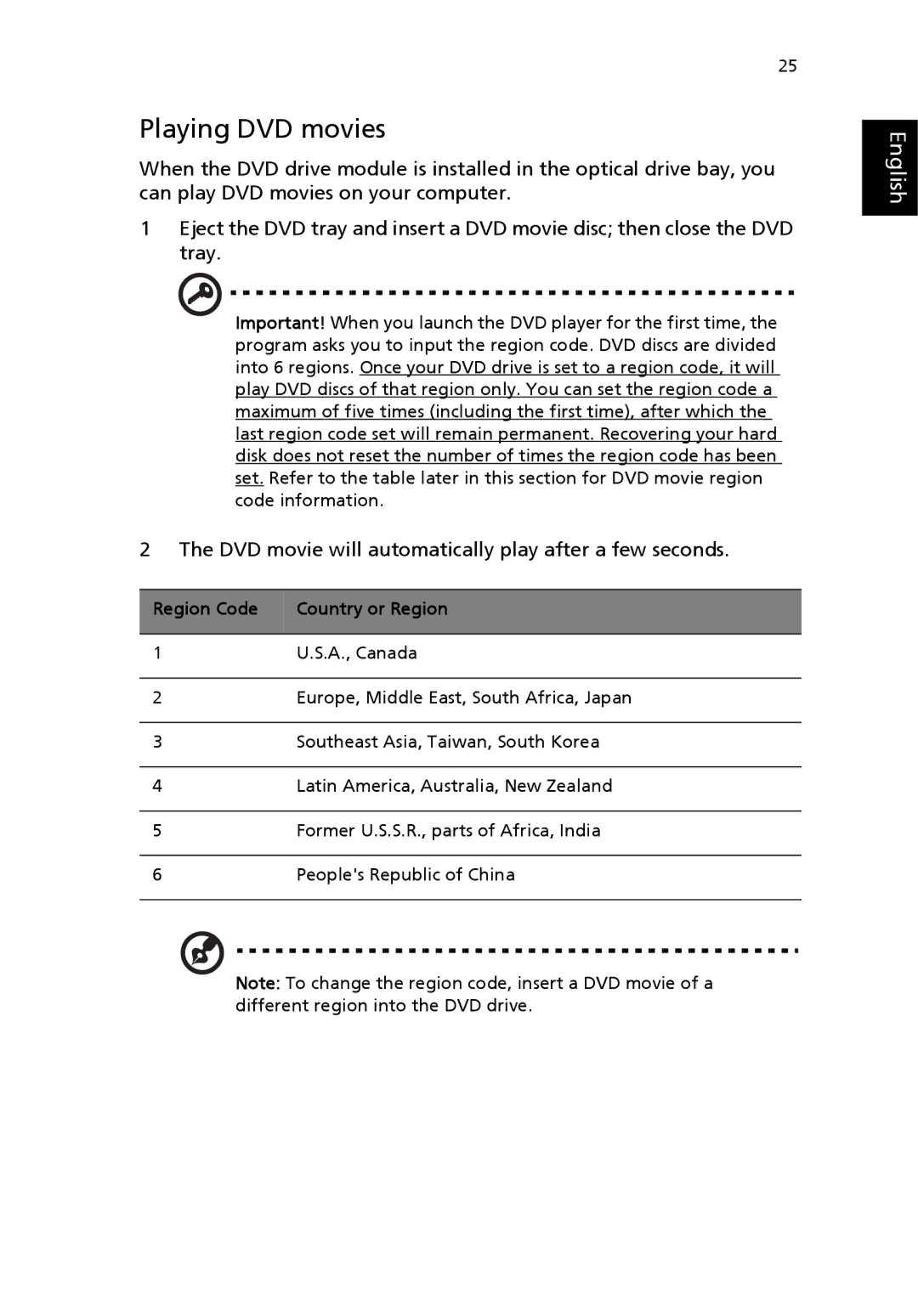 Acer 3200 Series manual Playing DVD movies, Region Code Country or Region 