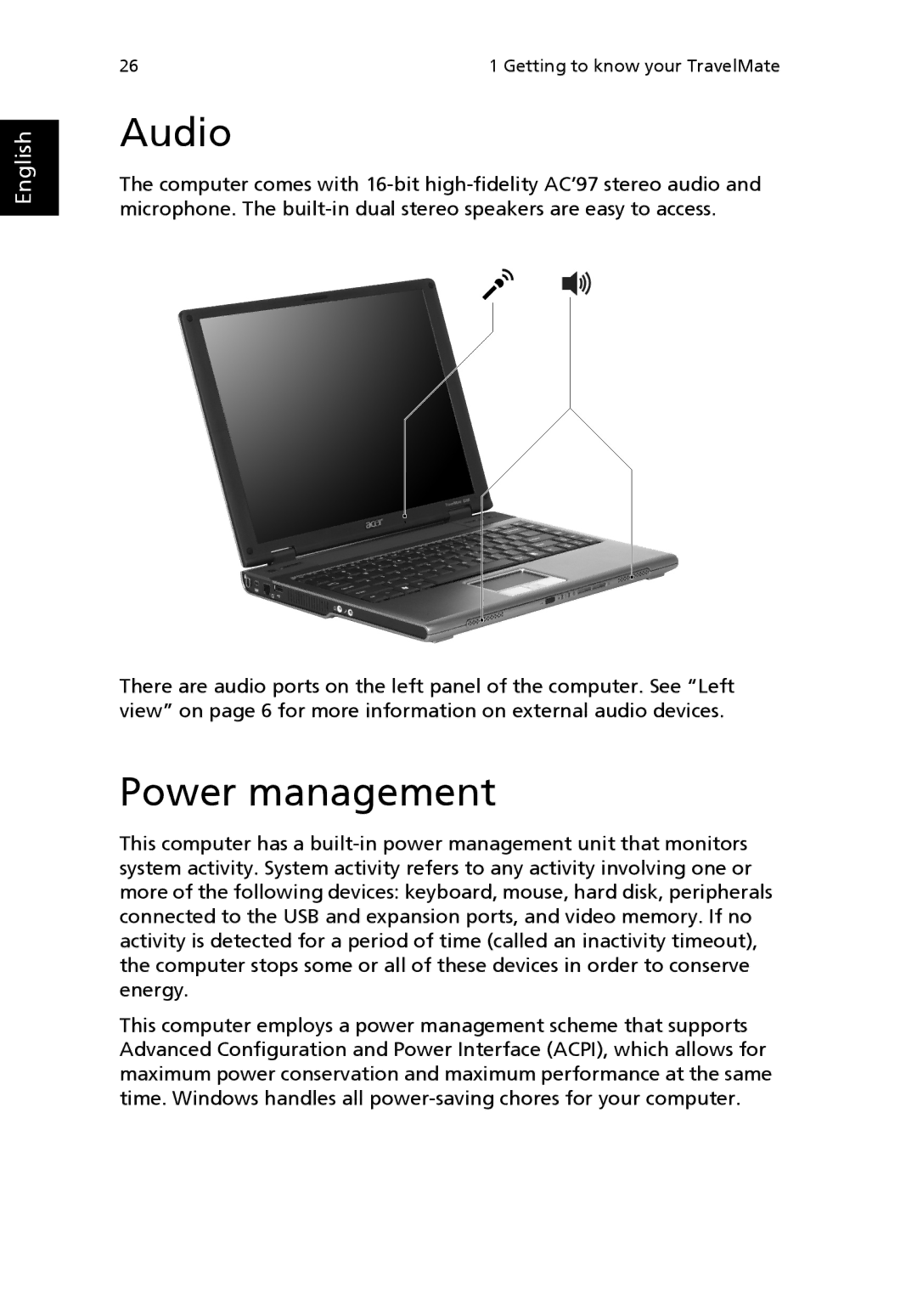 Acer 3200 Series manual Audio, Power management 