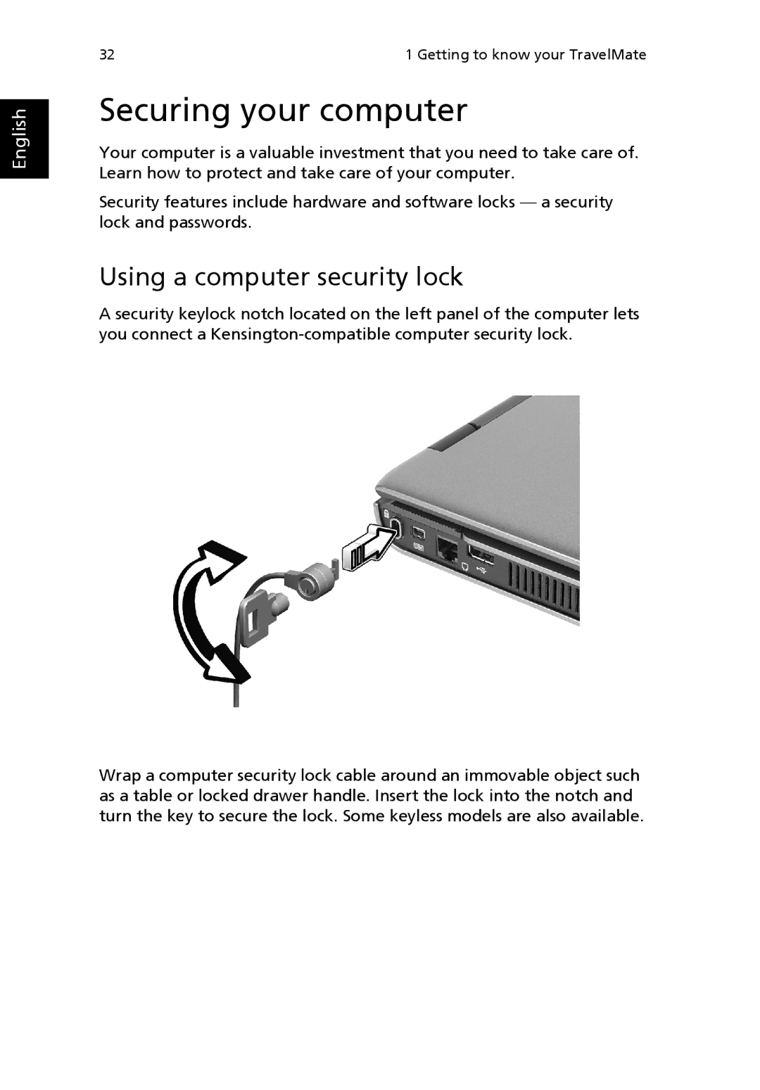 Acer 3200 Series manual Securing your computer, Using a computer security lock 