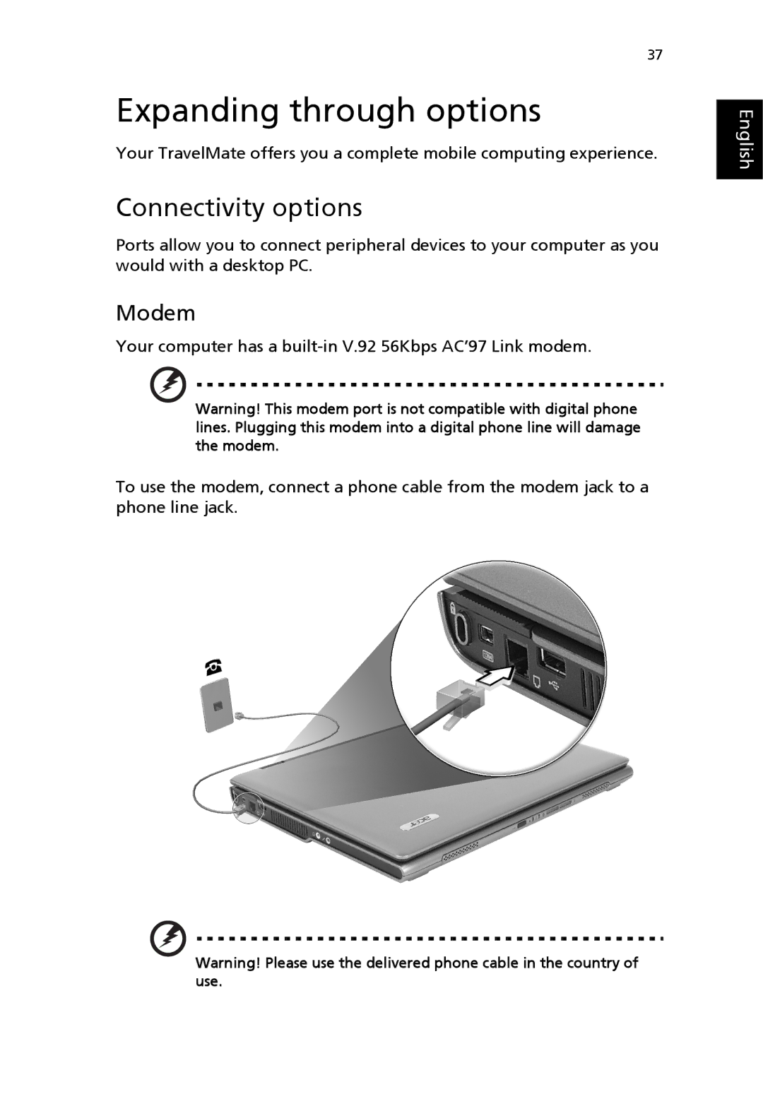 Acer 3200 Series manual Expanding through options, Connectivity options, Modem 