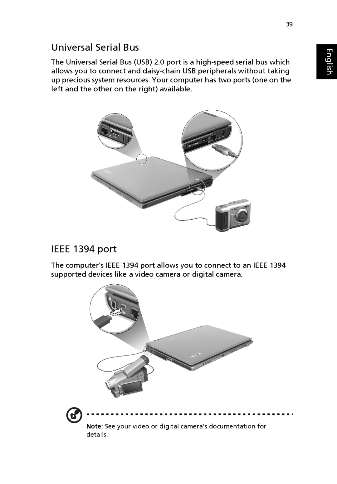 Acer 3200 Series manual Universal Serial Bus, Ieee 1394 port 