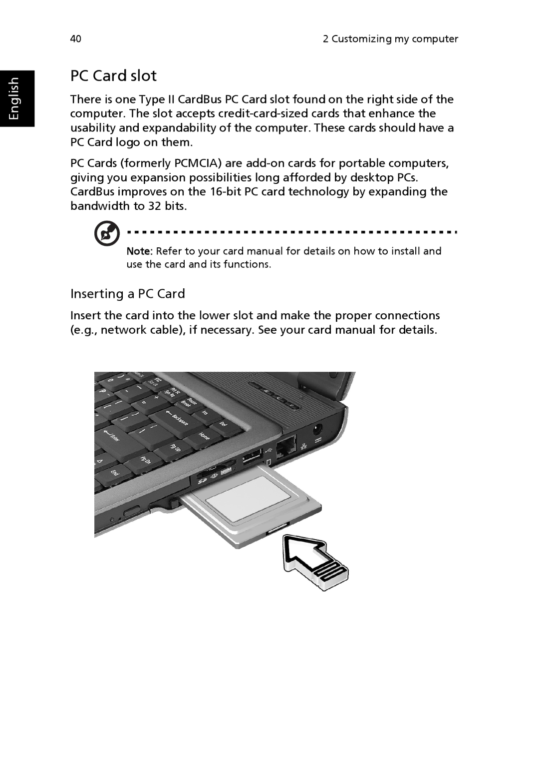 Acer 3200 Series manual PC Card slot, Inserting a PC Card 