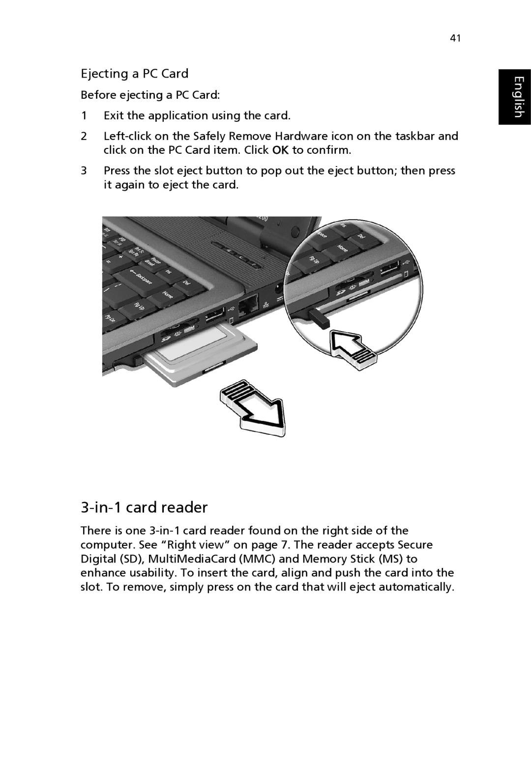 Acer 3200 Series manual In-1 card reader, Ejecting a PC Card 