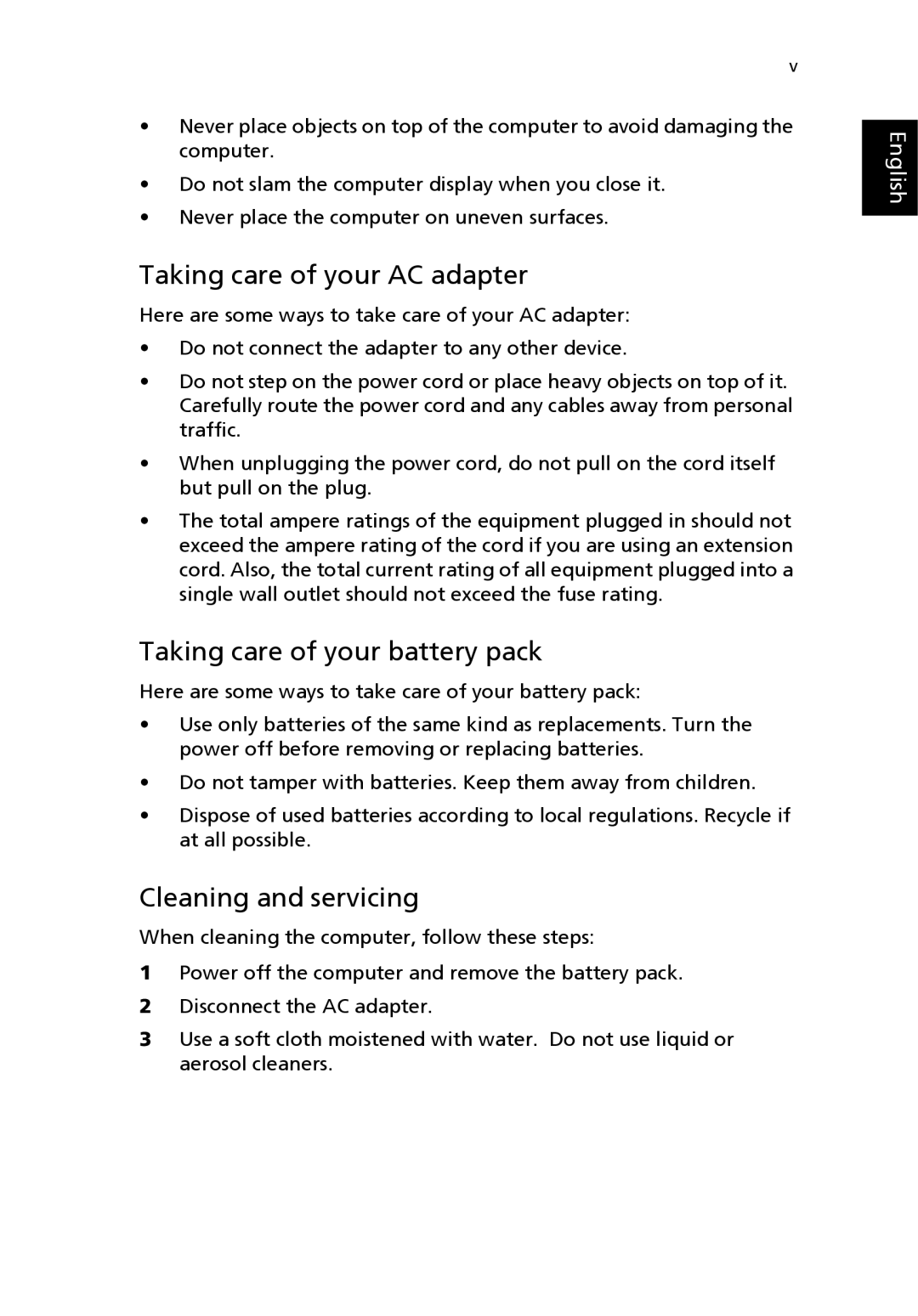 Acer 3200 Series manual Taking care of your AC adapter, Taking care of your battery pack, Cleaning and servicing 