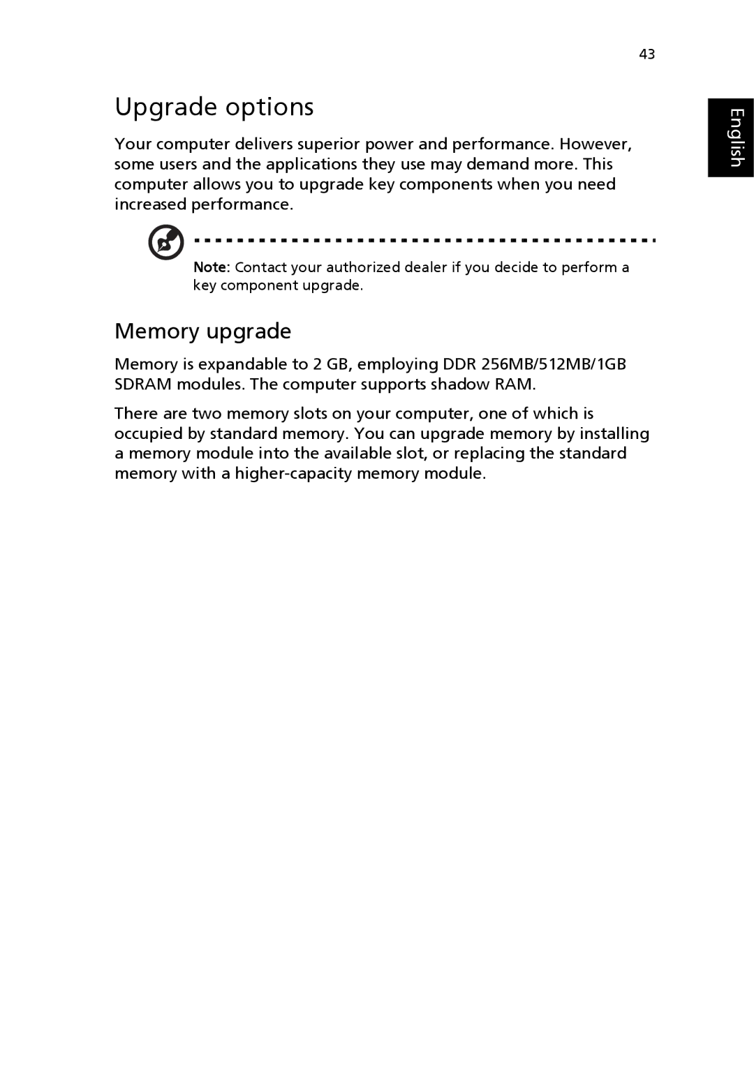 Acer 3200 Series manual Upgrade options, Memory upgrade 