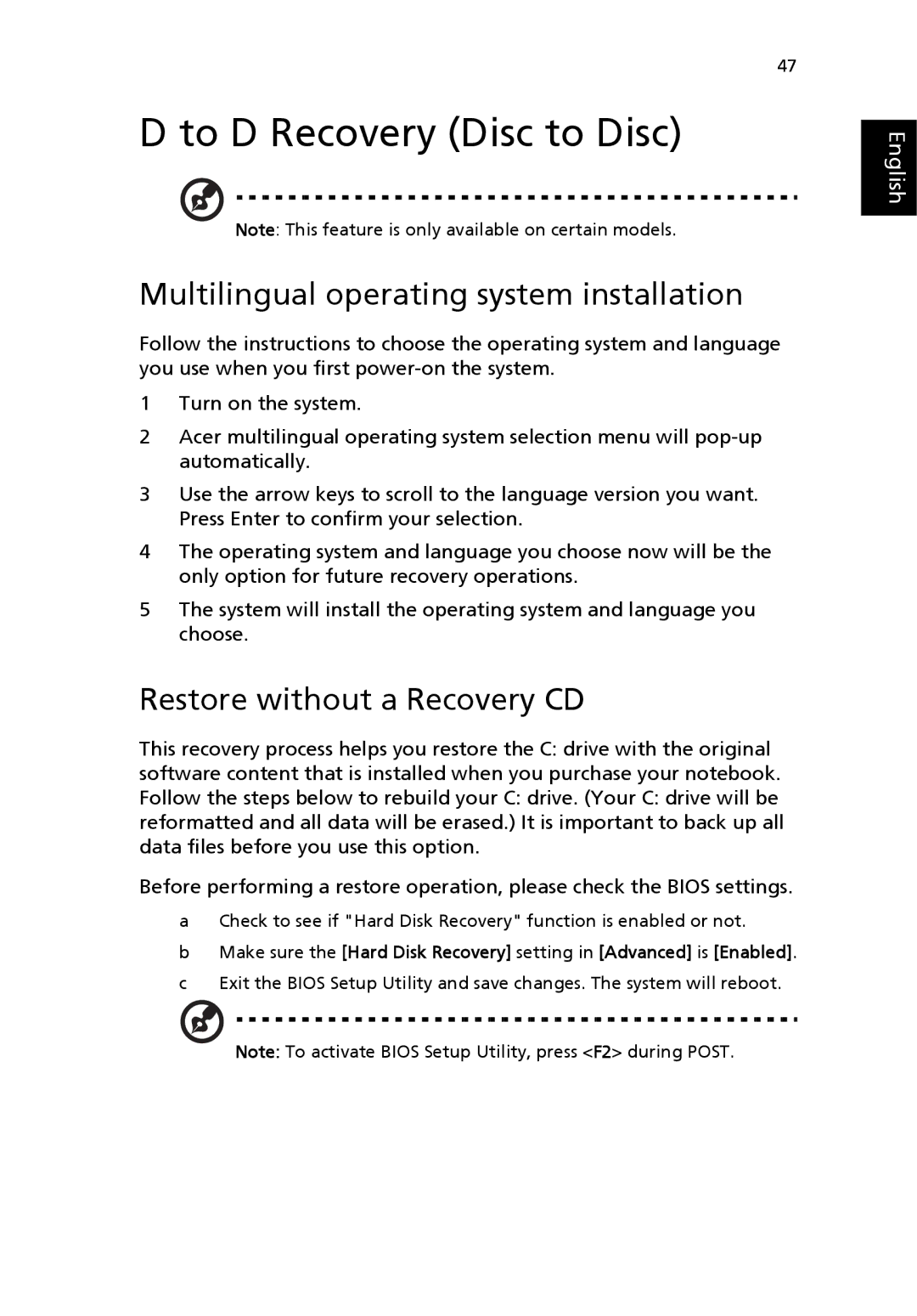 Acer 3200 Series To D Recovery Disc to Disc, Multilingual operating system installation, Restore without a Recovery CD 