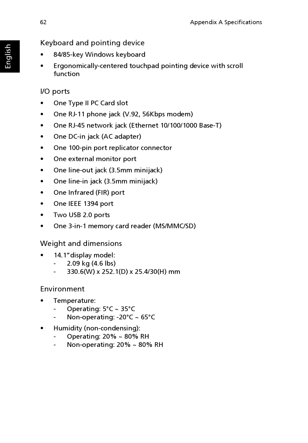 Acer 3200 Series manual Weight and dimensions 