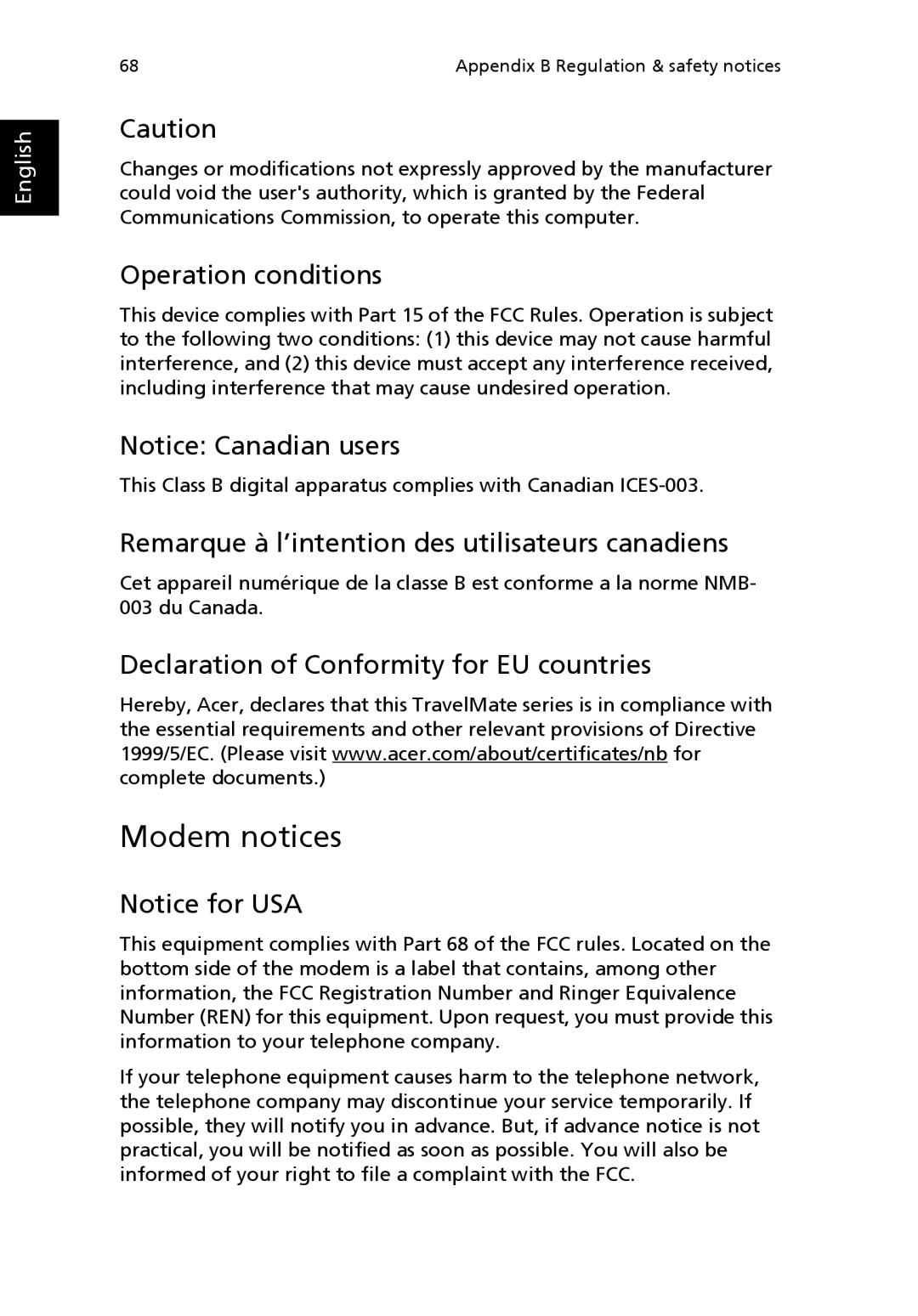 Acer 3200 Series manual Modem notices, Operation conditions, Remarque à l’intention des utilisateurs canadiens 