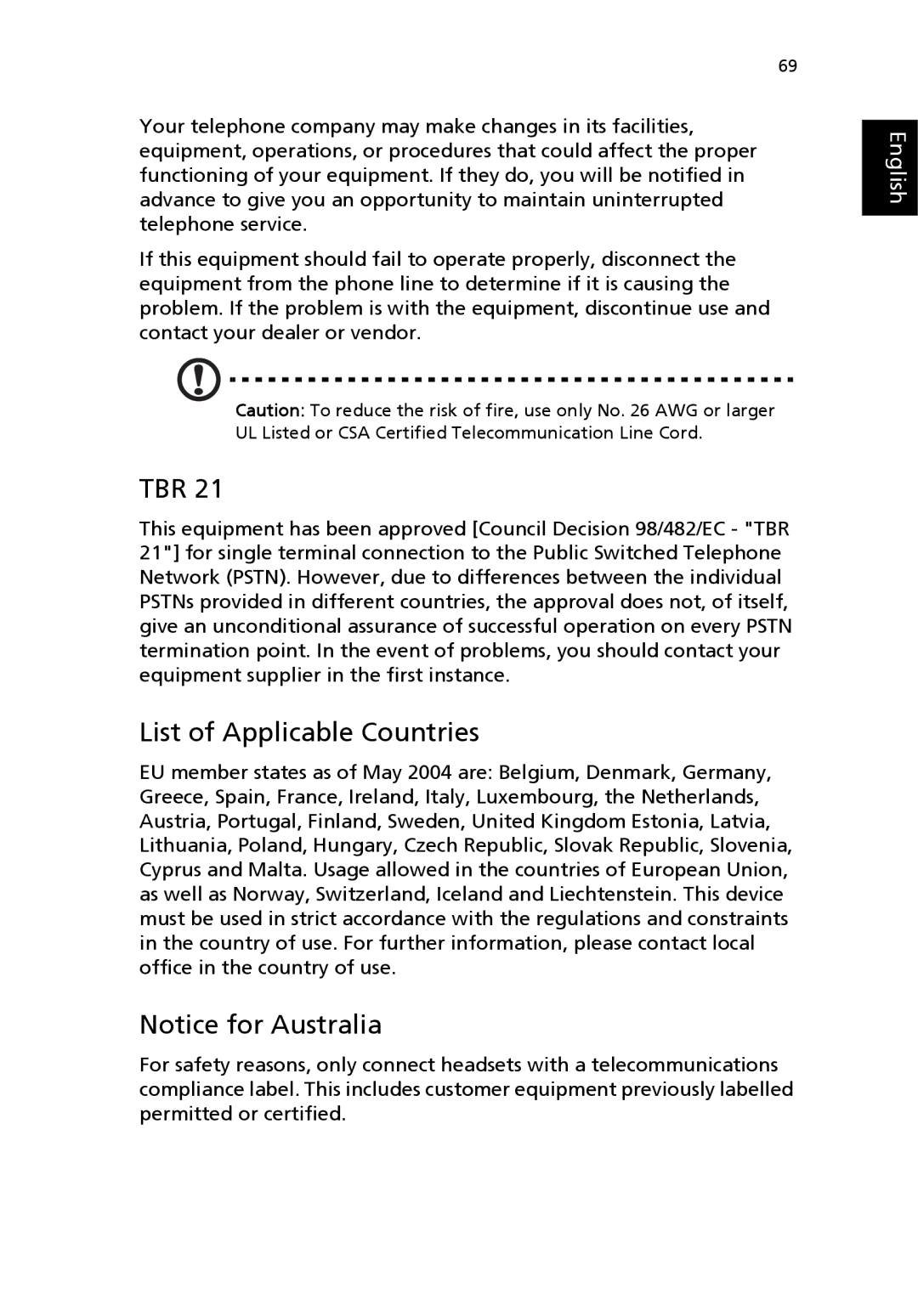 Acer 3200 Series manual Tbr, List of Applicable Countries 