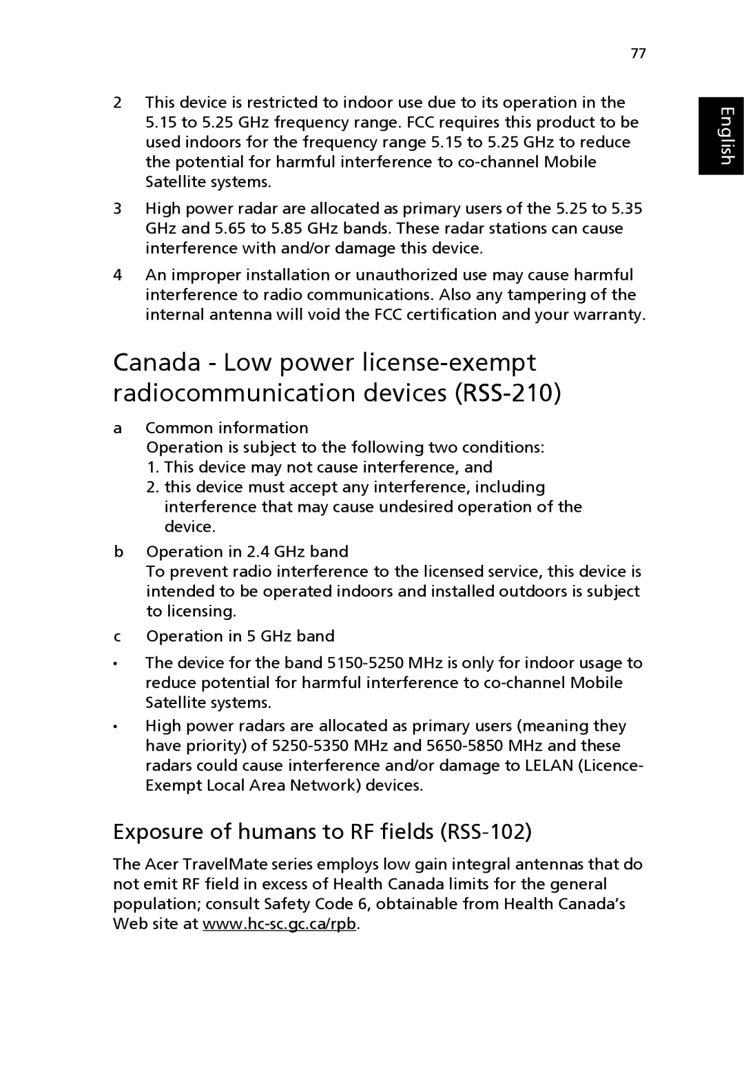 Acer 3200 Series manual Exposure of humans to RF fields RSS-102 