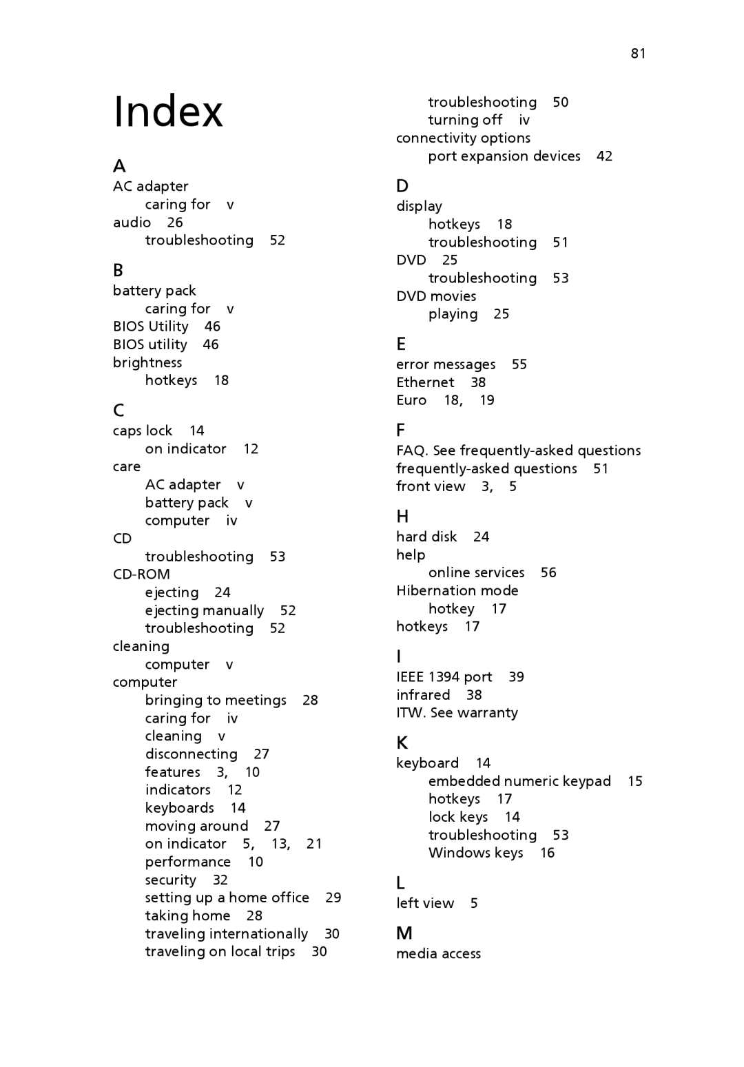 Acer 3200 Series manual Index 