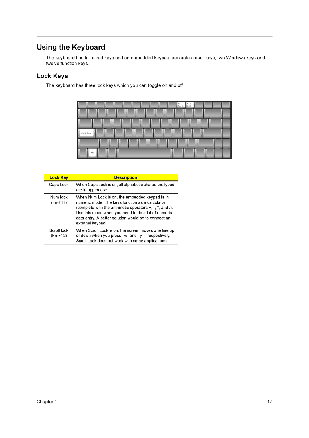 Acer 3200 Series manual Using the Keyboard, Lock Keys, Lock Key Description 