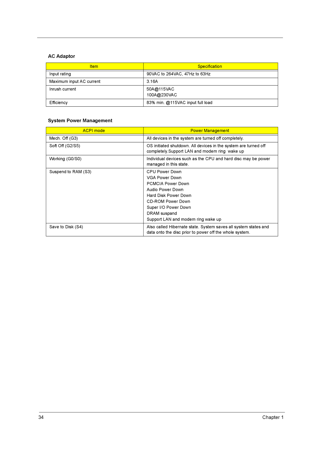 Acer 3200 Series manual AC Adaptor, System Power Management 