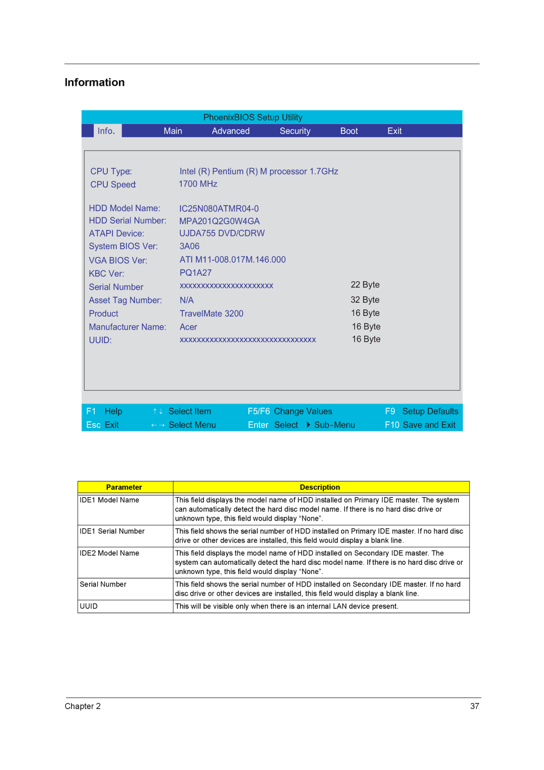 Acer 3200 Series manual Information, Esc Exit Enter 