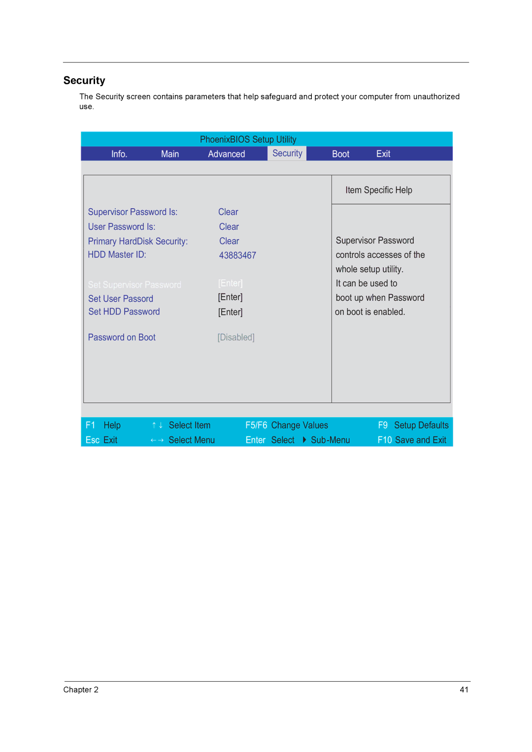 Acer 3200 Series manual Security, Boot Exit 