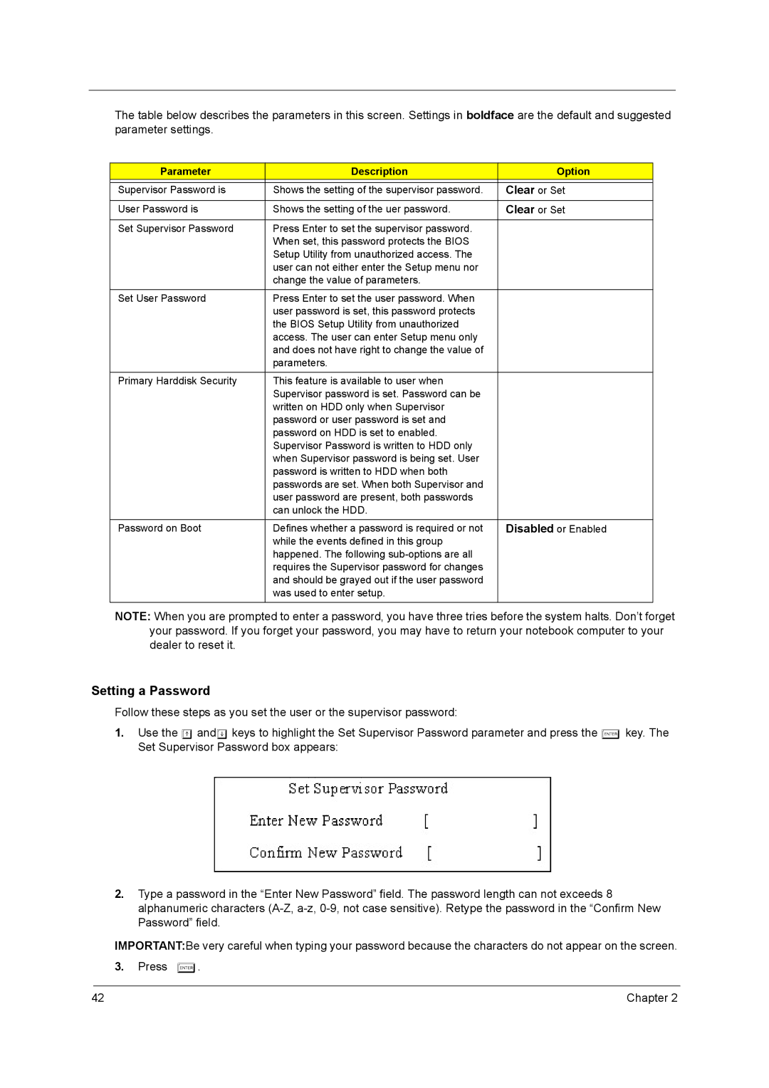 Acer 3200 Series manual Clear or Set, Parameter Description Option 