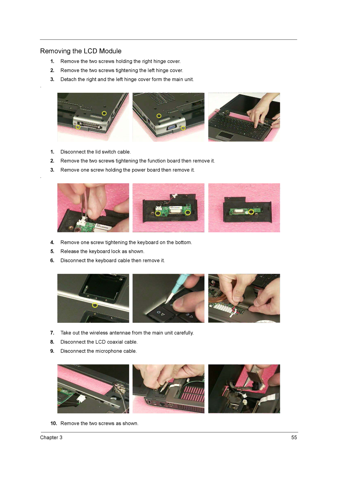 Acer 3200 Series manual Removing the LCD Module 