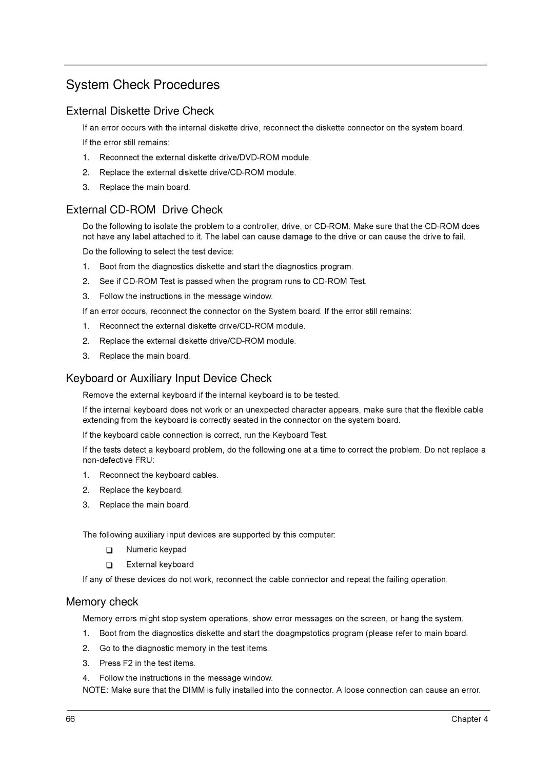 Acer 3200 Series manual System Check Procedures, External Diskette Drive Check, External CD-ROM Drive Check, Memory check 