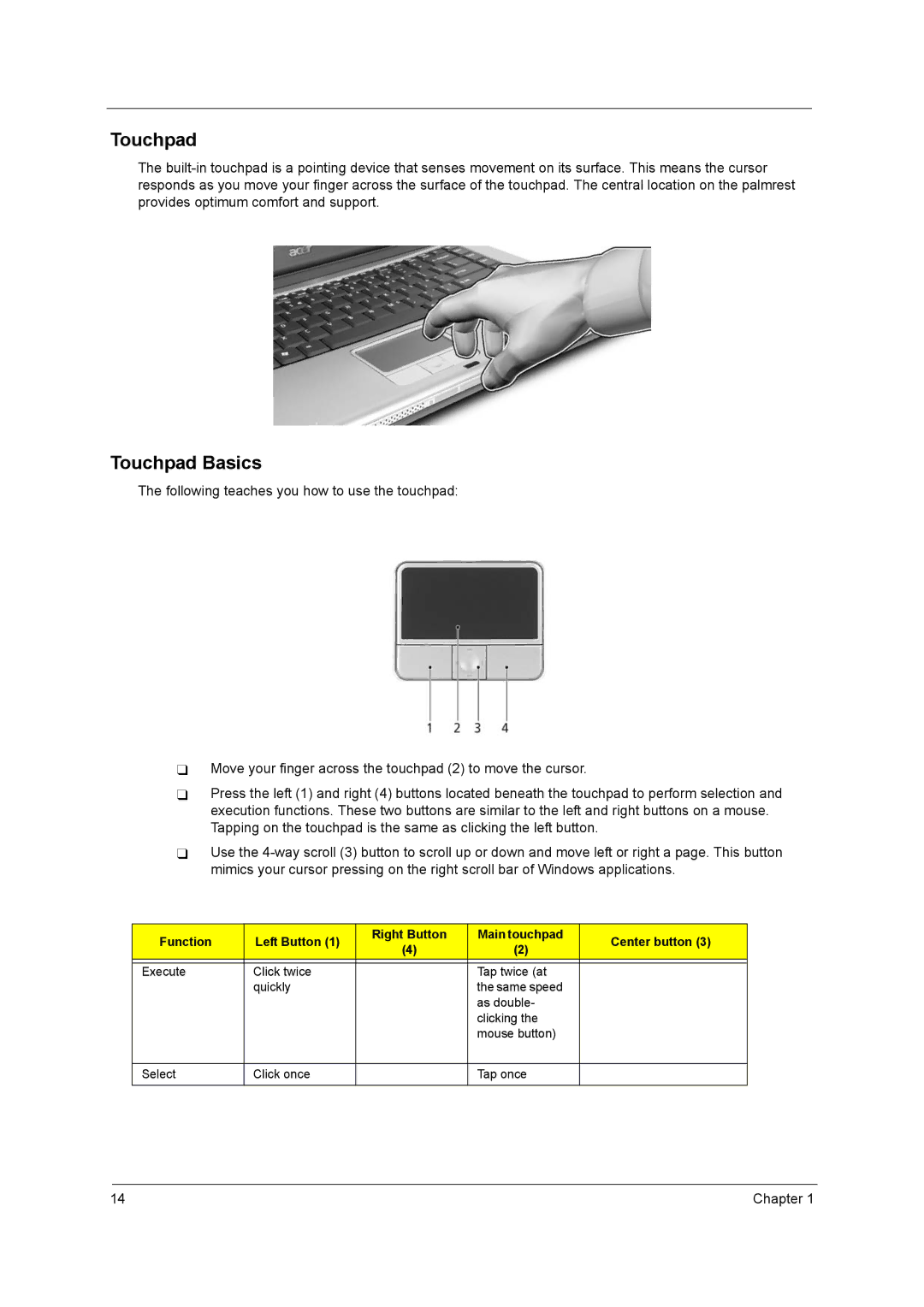 Acer 3210Z manual Touchpad Basics 