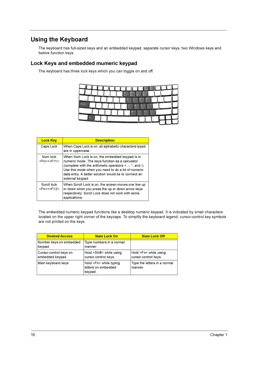 Acer 3210Z manual Using the Keyboard, Lock Keys and embedded mumeric keypad, Lock Key Description 