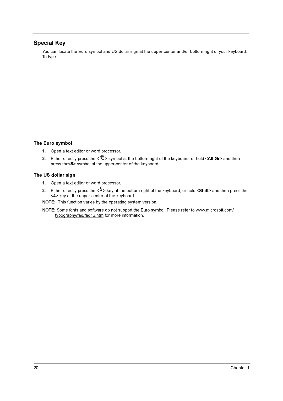 Acer 3210Z manual Special Key, Euro symbol 