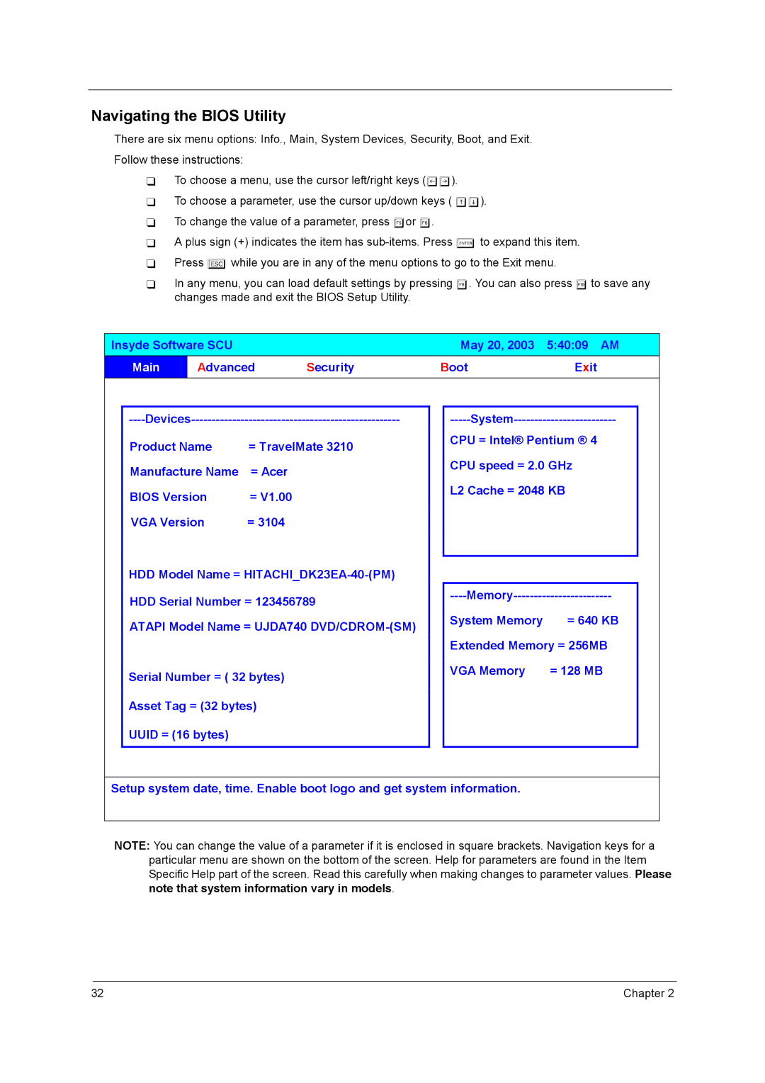 Acer 3210Z manual Navigating the Bios Utility, Main 