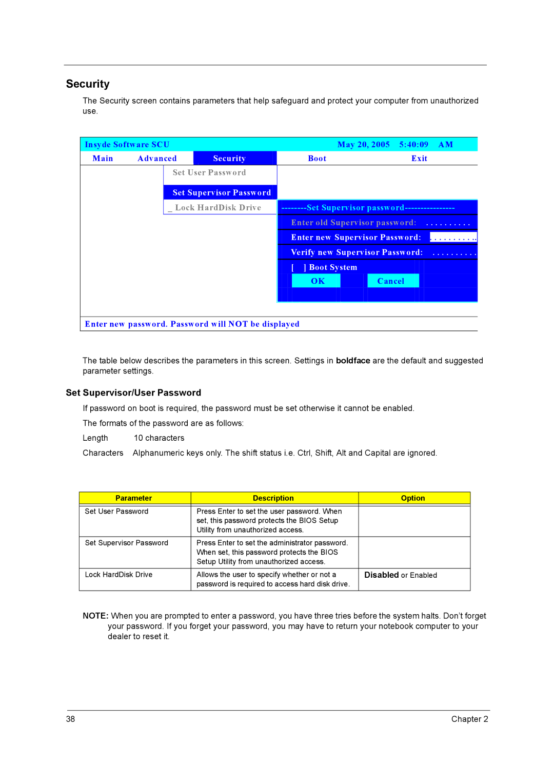 Acer 3210Z manual Security, Parameter Description Option 