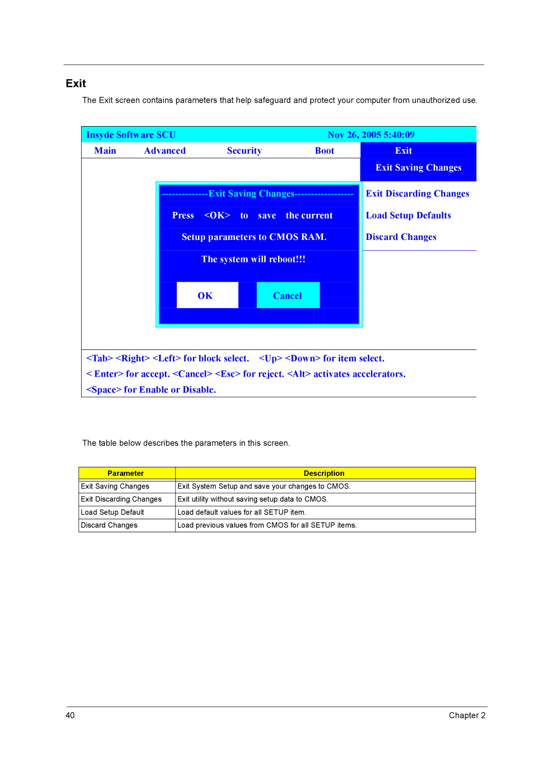 Acer 3210Z manual Exit, Table below describes the parameters in this screen 