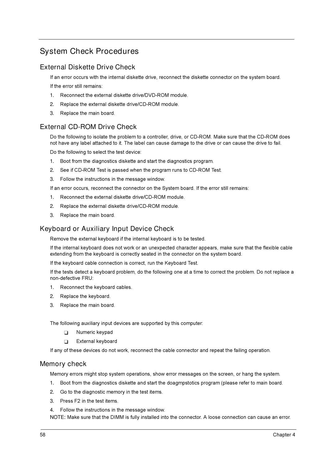 Acer 3210Z manual System Check Procedures, External Diskette Drive Check, External CD-ROM Drive Check, Memory check 