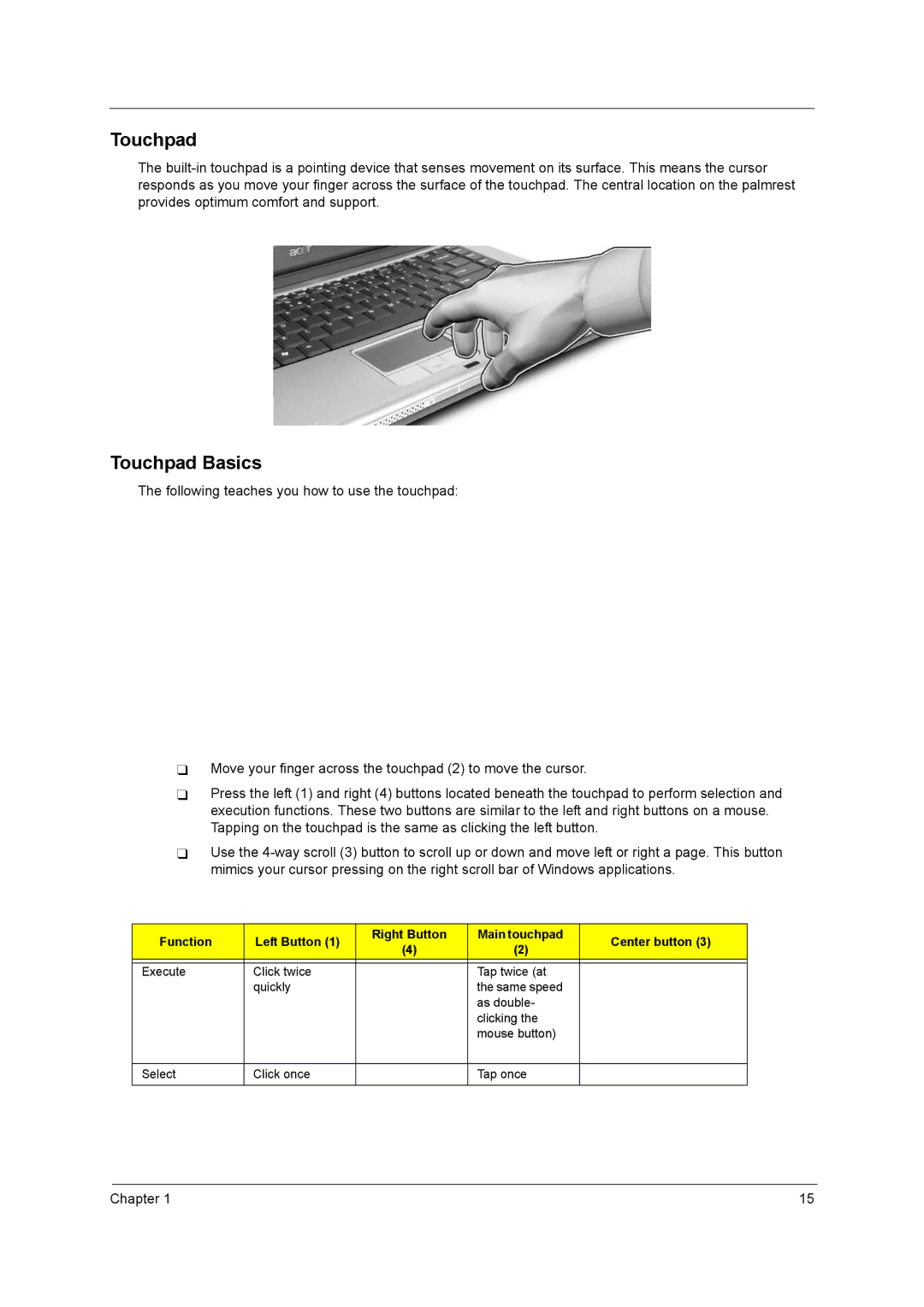 Acer 3230, 3220, 2400, 3210 manual Touchpad Basics 