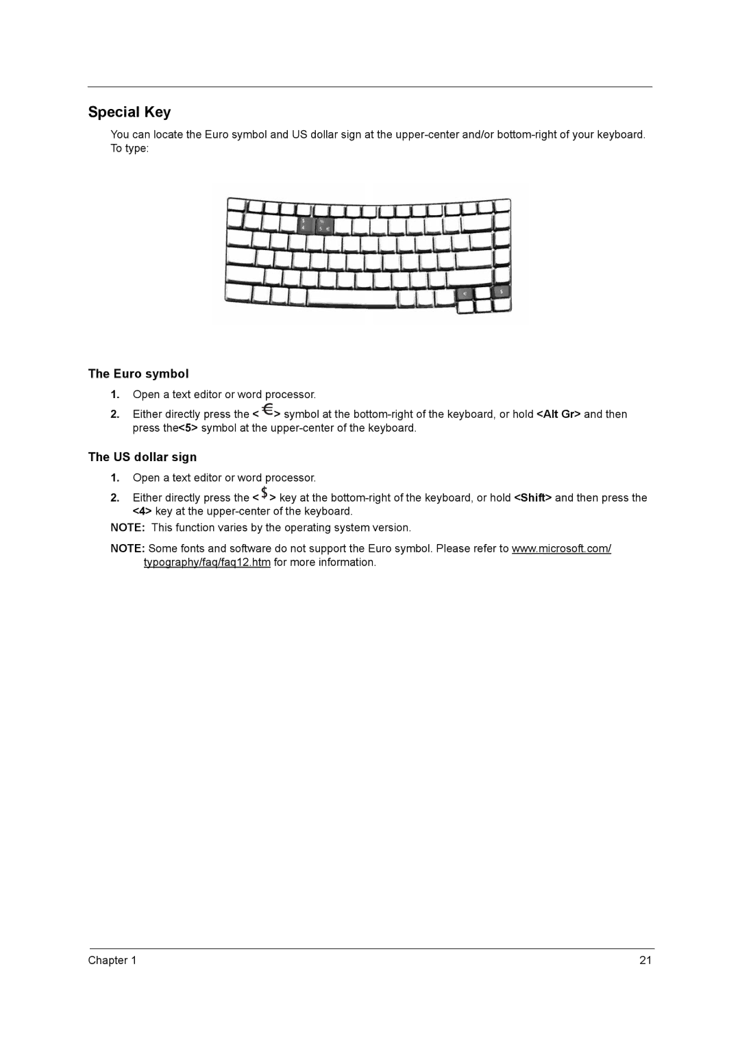 Acer 3210, 3220, 3230, 2400 manual Special Key, Euro symbol 