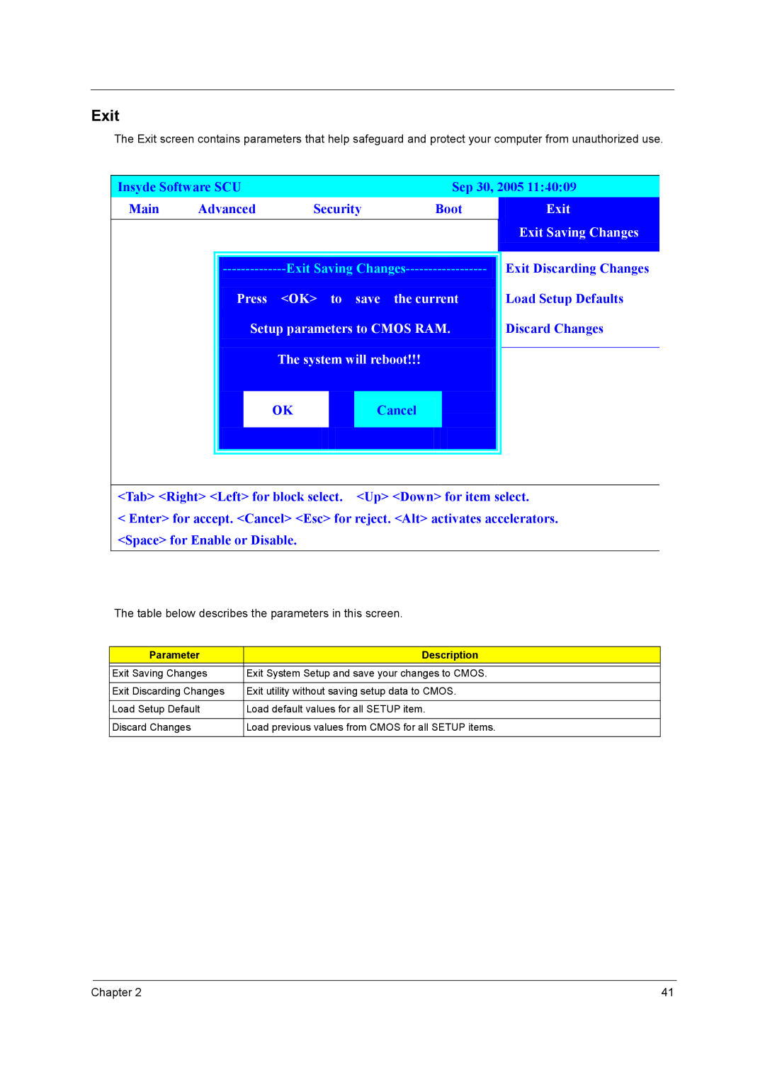 Acer 3210, 3220, 3230, 2400 manual Exit, Table below describes the parameters in this screen 