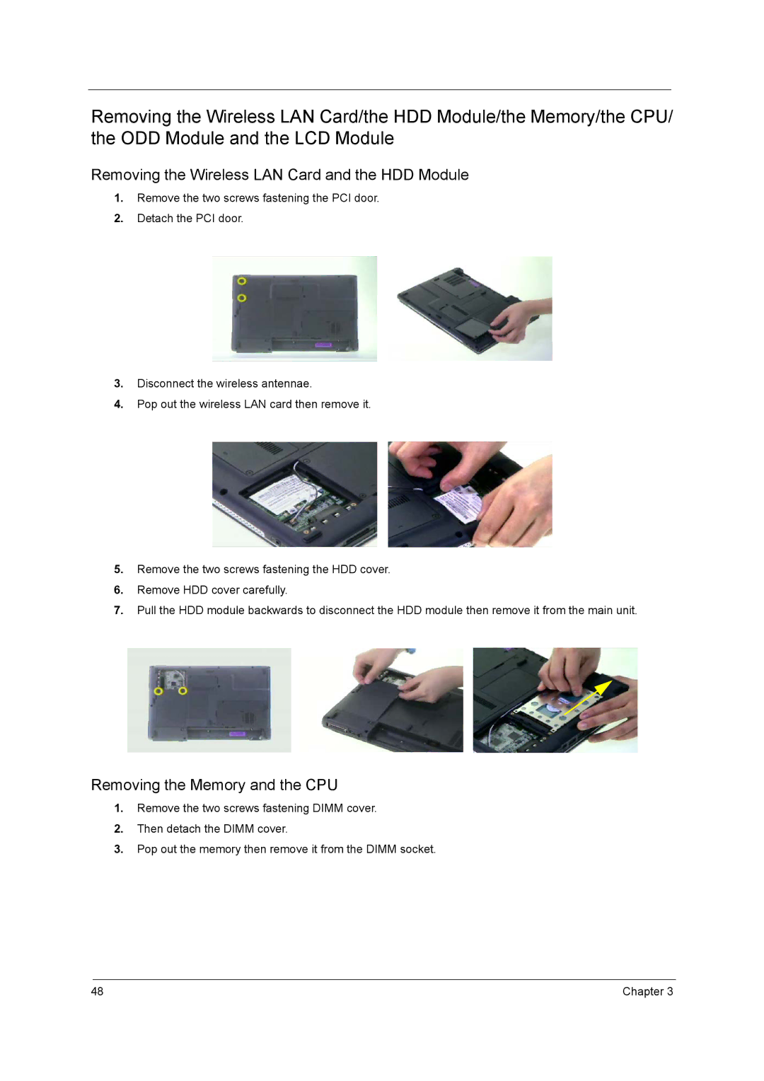 Acer 3210, 3220, 3230, 2400 manual Removing the Wireless LAN Card and the HDD Module 