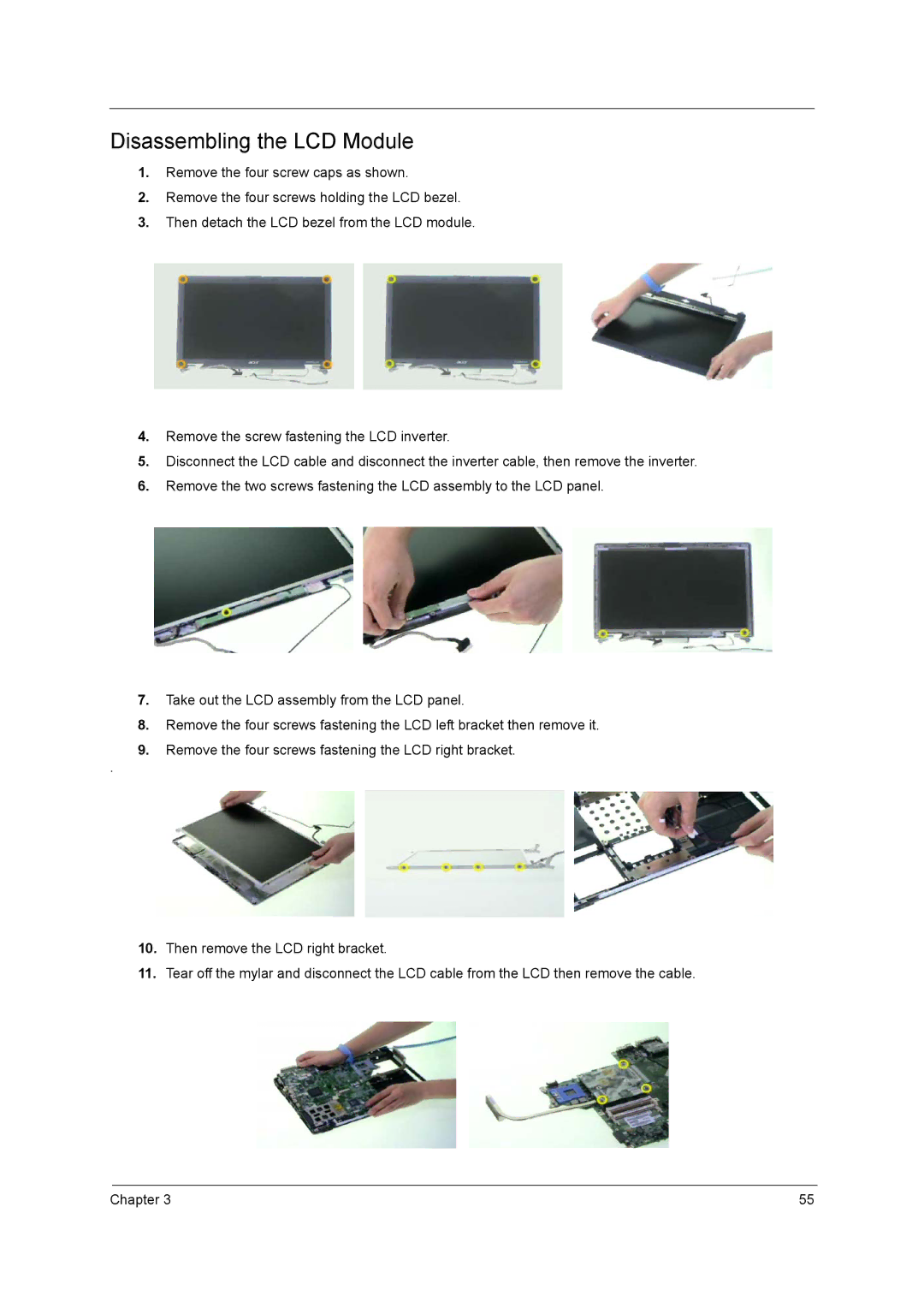 Acer 2400, 3220, 3230, 3210 manual Disassembling the LCD Module 