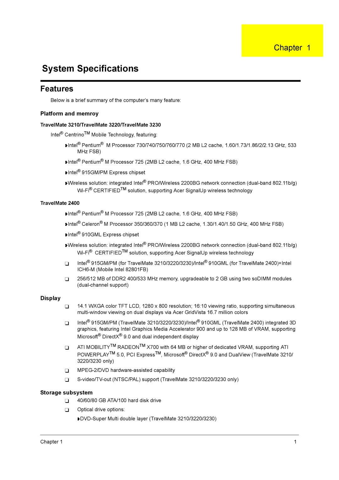 Acer 3230, 2400 manual Features, TravelMate 3210/TravelMate 3220/TravelMate 