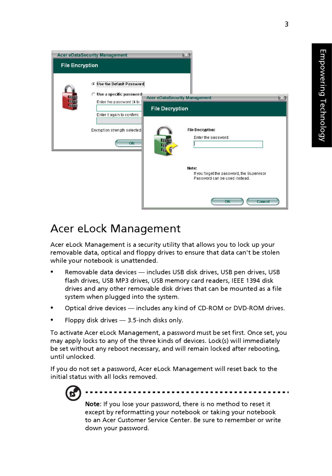 Acer 3280, 3240 manual Acer eLock Management 