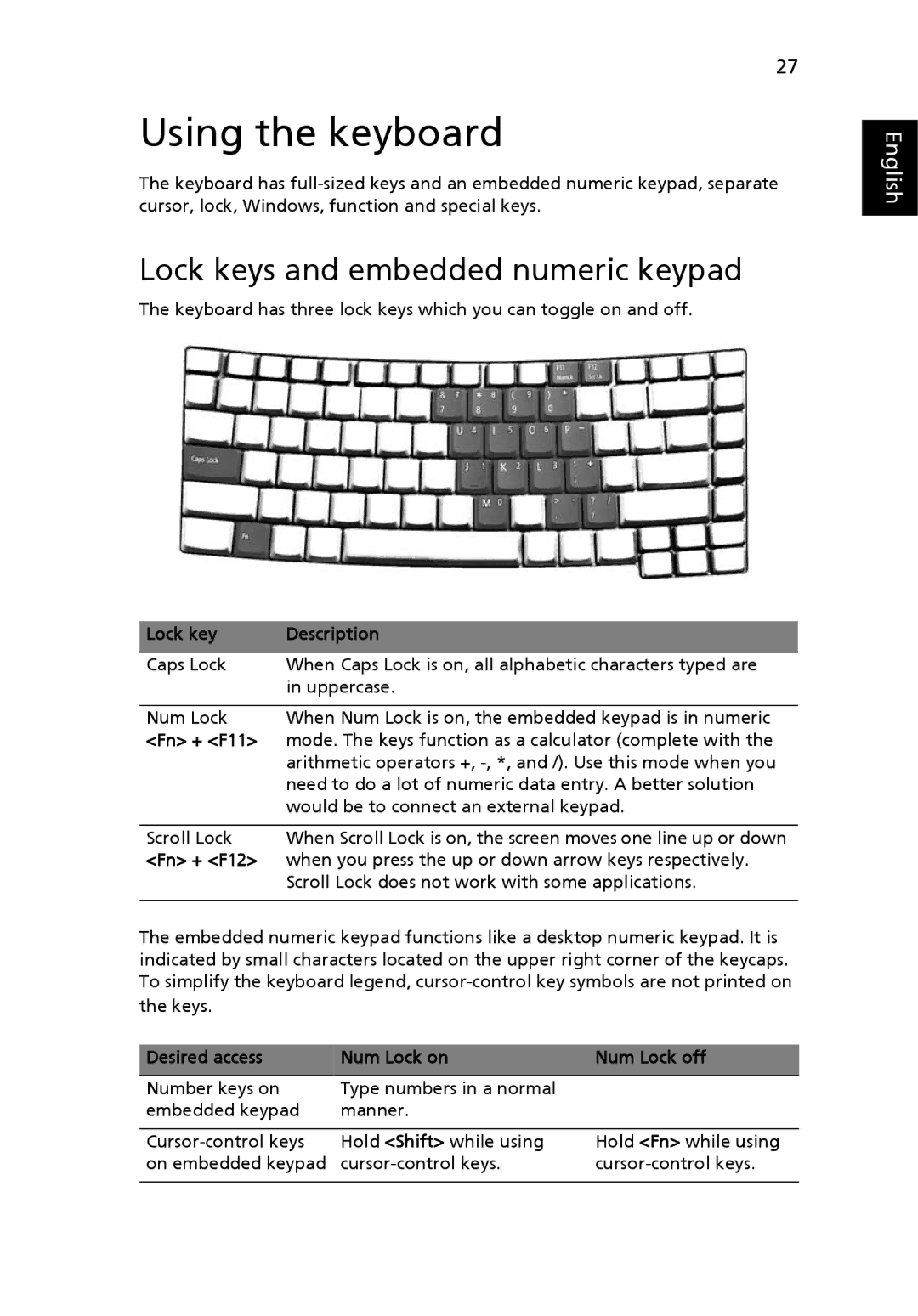 Acer 3280, 3240 manual Using the keyboard, Lock keys and embedded numeric keypad 