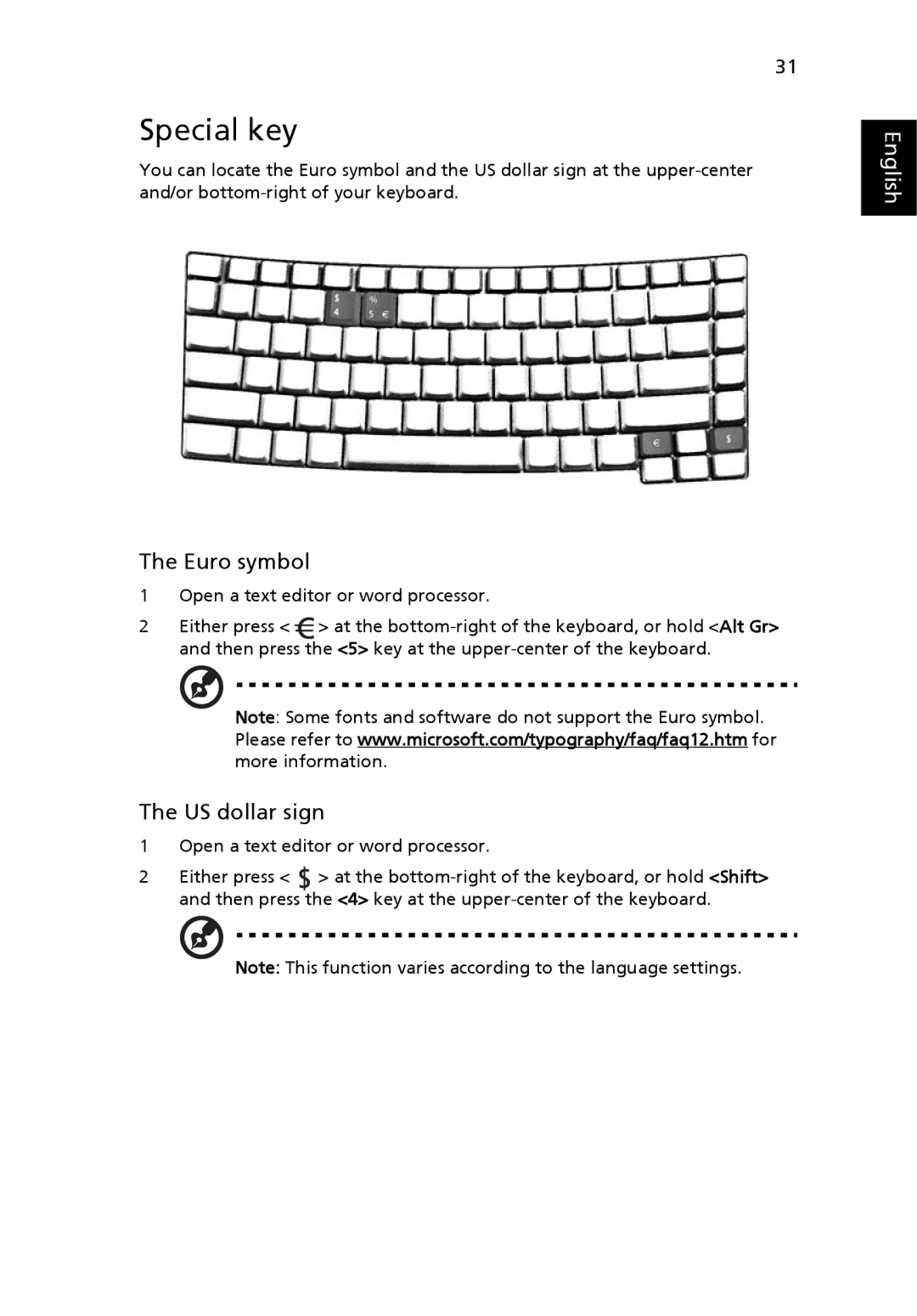 Acer 3280, 3240 manual Special key, Euro symbol, US dollar sign 