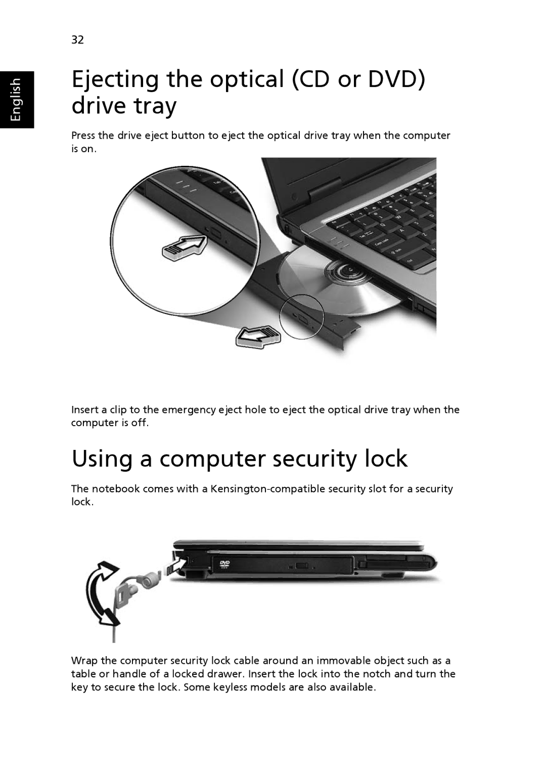 Acer 3240, 3280 manual Ejecting the optical CD or DVD drive tray, Using a computer security lock 