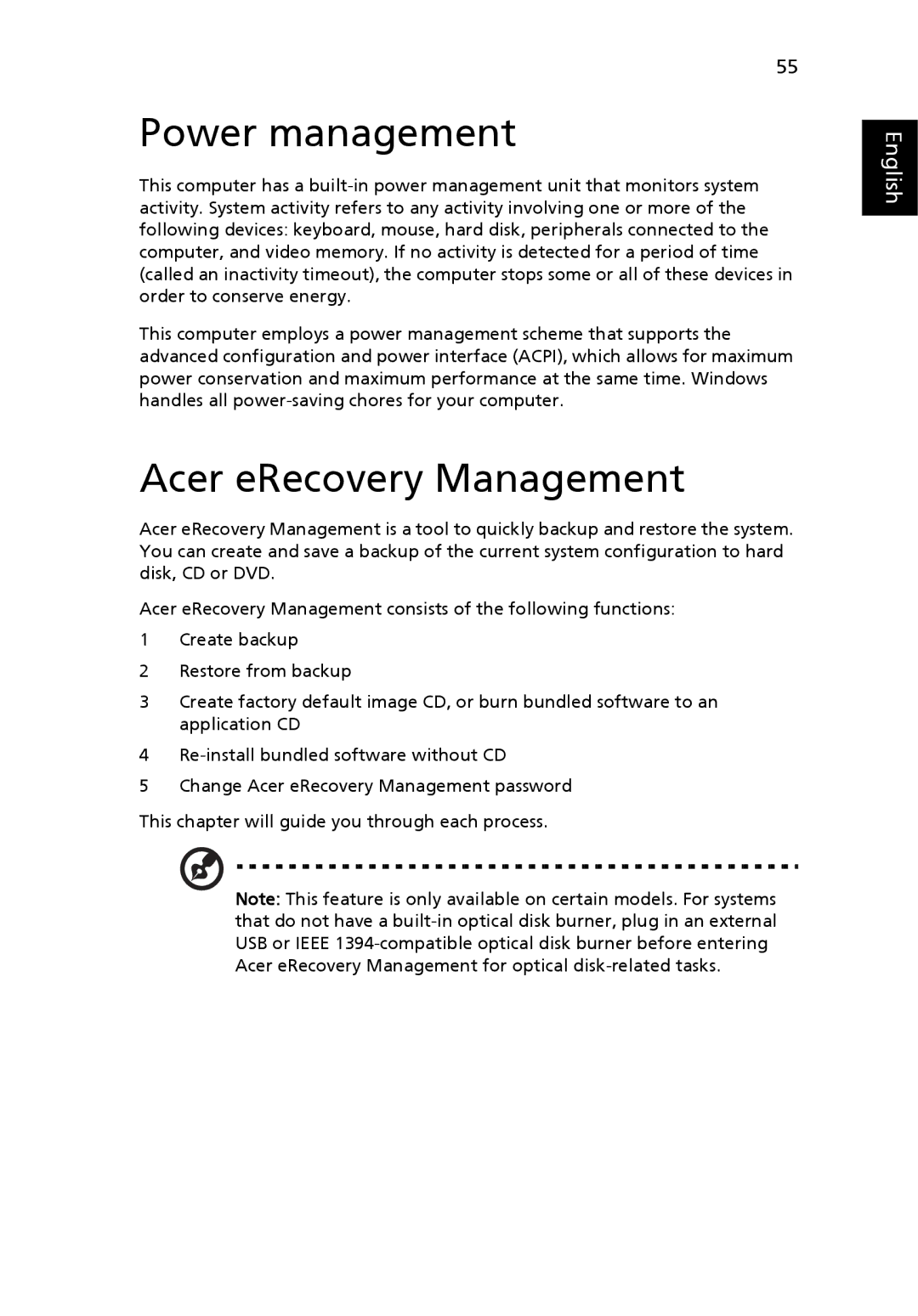 Acer 3280, 3240 manual Power management, Acer eRecovery Management 