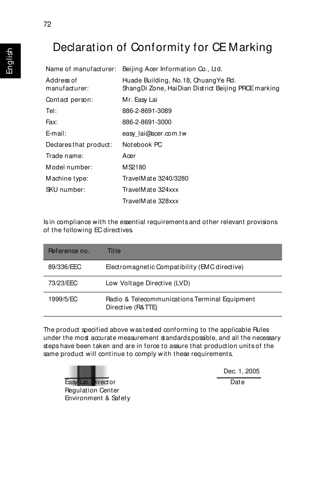 Acer 3240, 3280 manual Declaration of Conformity for CE Marking 