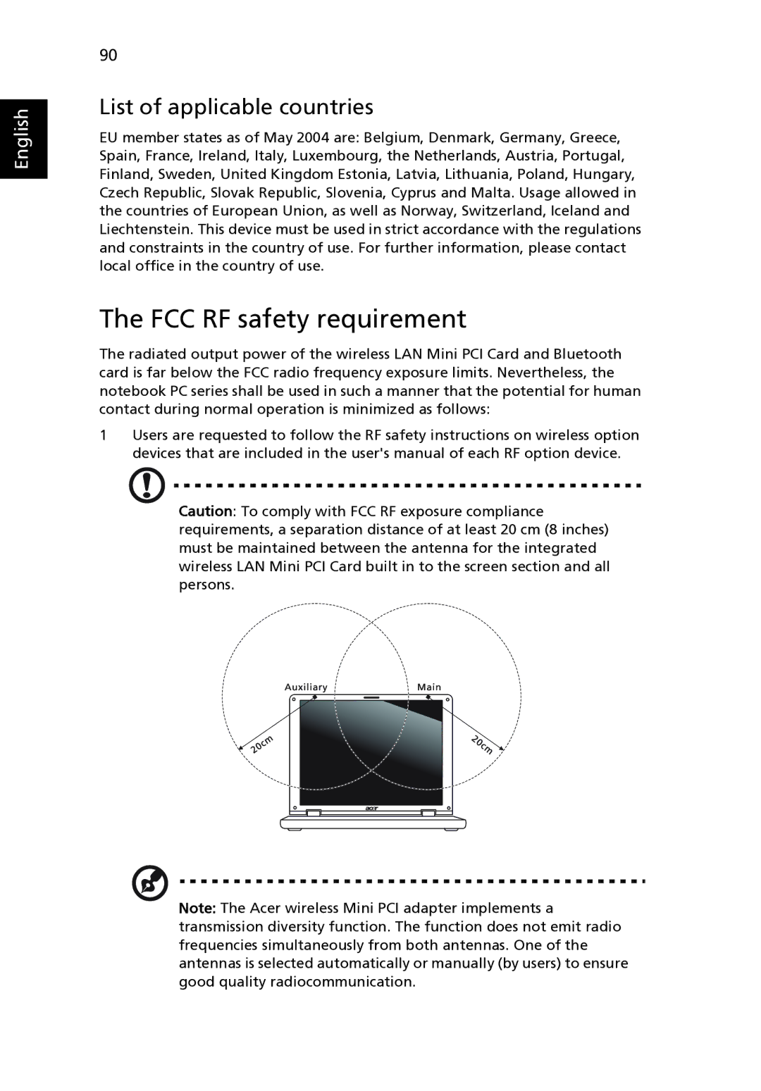 Acer 3240 Series, 3280 Series, 3290 Series manual FCC RF safety requirement, List of applicable countries 