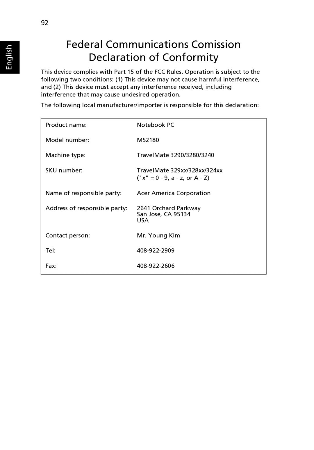 Acer 3290 Series, 3240 Series, 3280 Series manual Federal Communications Comission Declaration of Conformity 