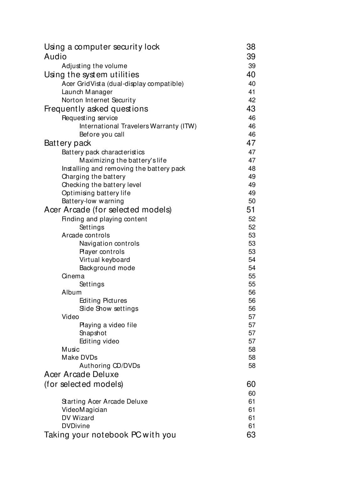 Acer 3280 Series, 3240 Series Using a computer security lock Audio, Using the system utilities, Frequently asked questions 