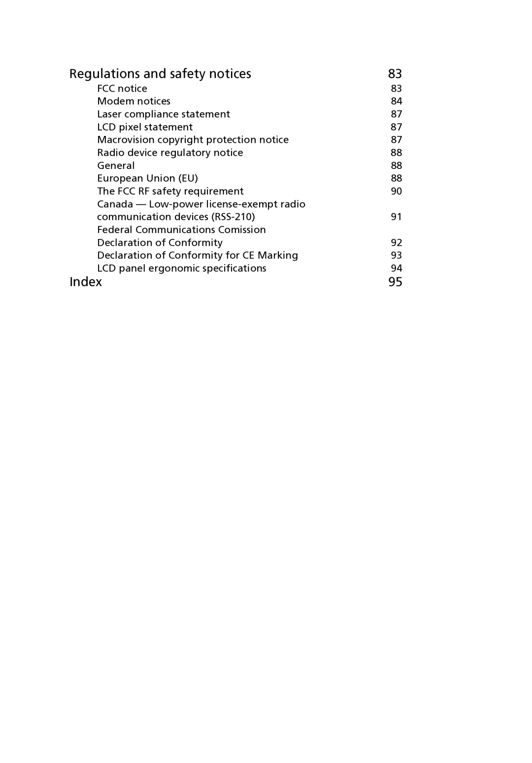 Acer 3240 Series, 3280 Series, 3290 Series manual Regulations and safety notices, Index 