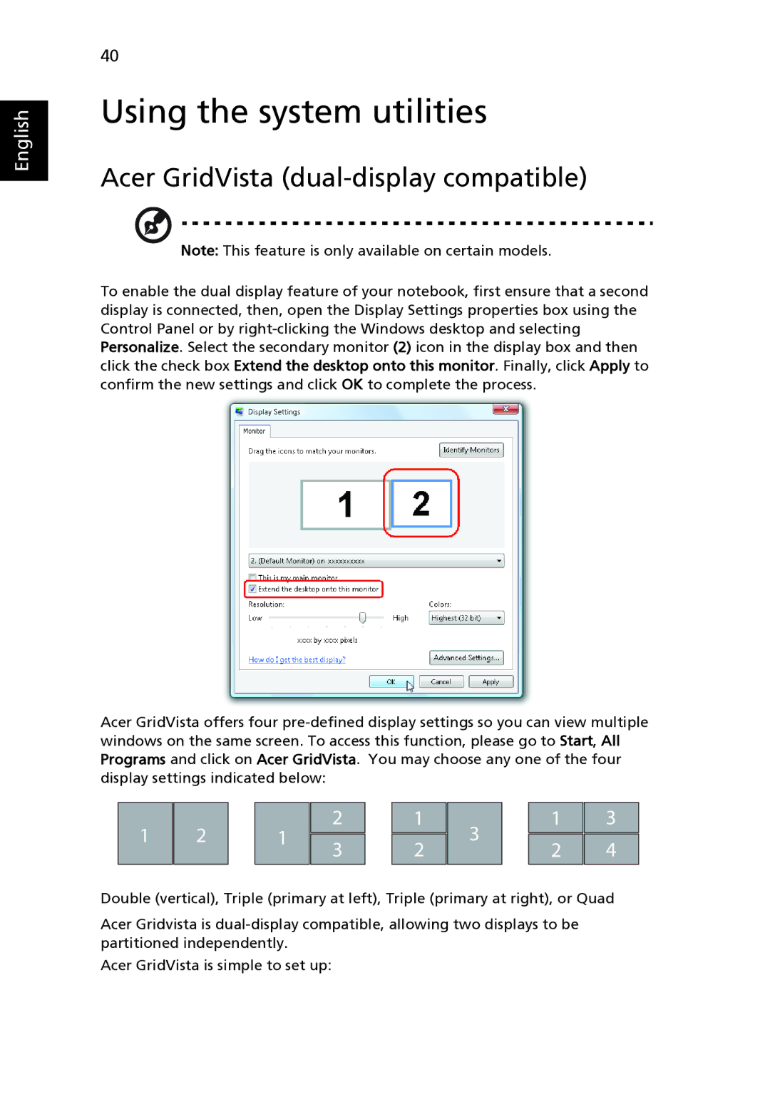 Acer 3280 Series, 3240 Series, 3290 Series manual Using the system utilities, Acer GridVista dual-display compatible 