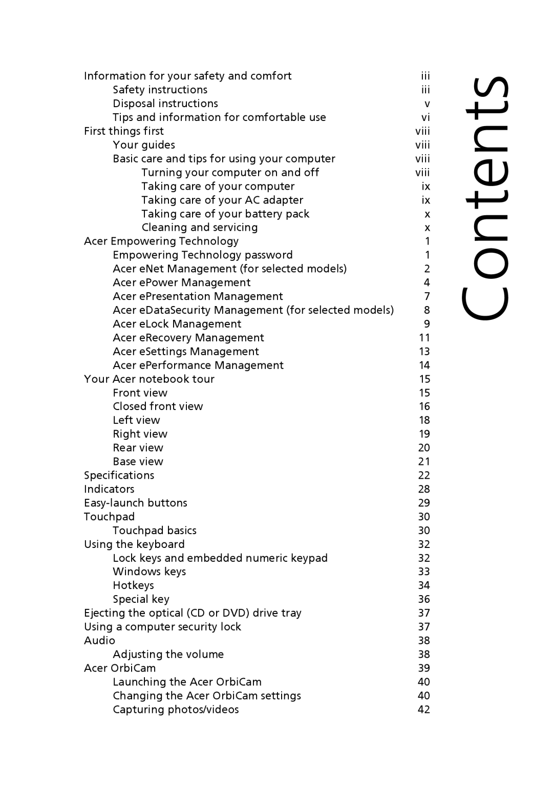 Acer 2470 Series, 3250 Series manual Contents 