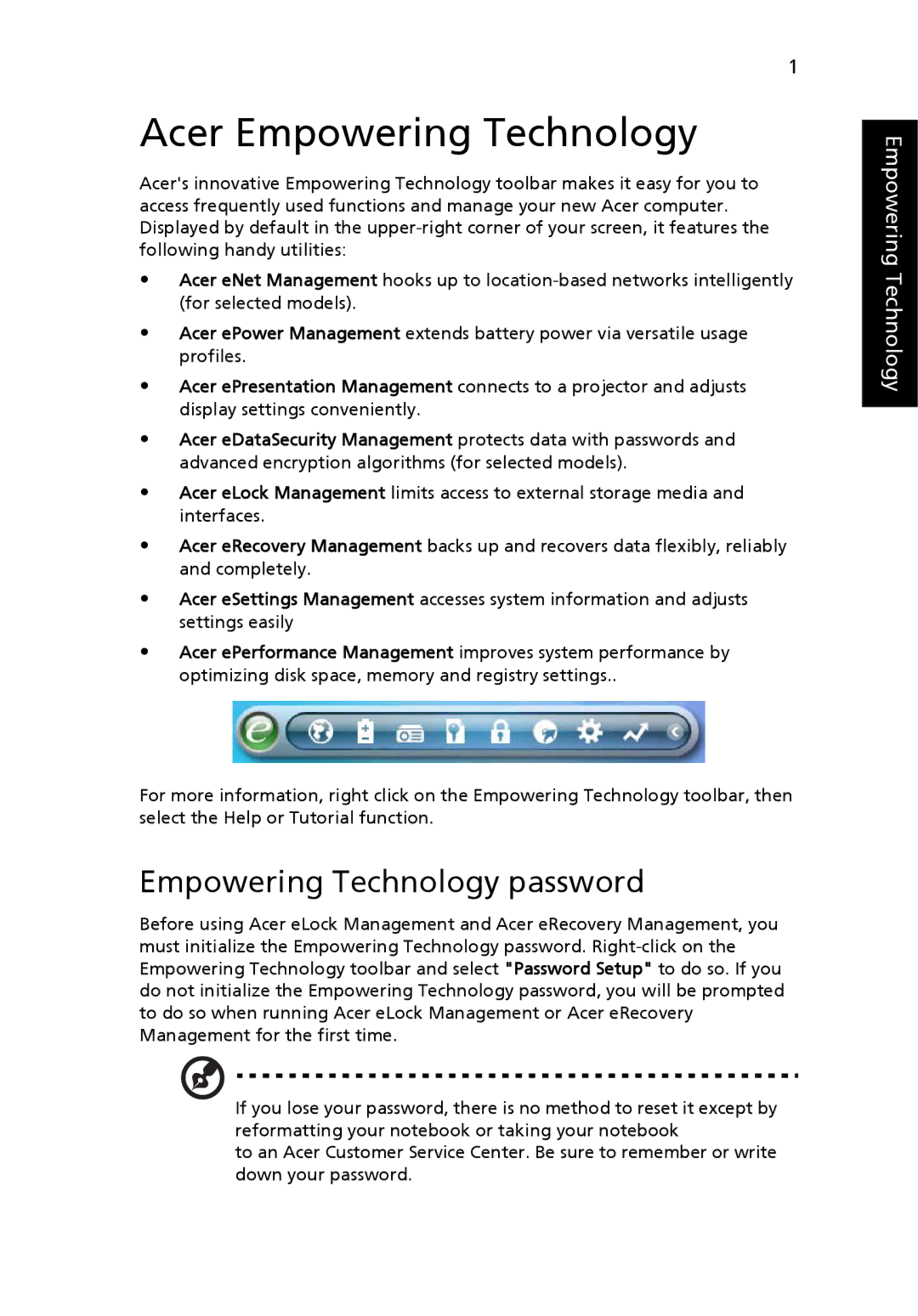 Acer 2470 Series, 3250 Series manual Acer Empowering Technology, Empowering Technology password 